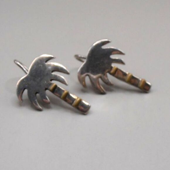VTG Mexico 925 Palm Tree Earrings Sterling Silver w/ Brass Accents 6g 1" Long - Picture 1 of 3